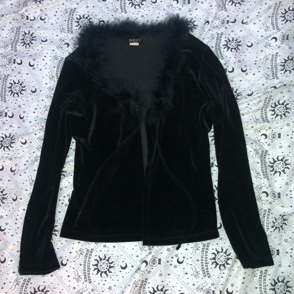 y2k black medium feather trim front tie velour cardigan